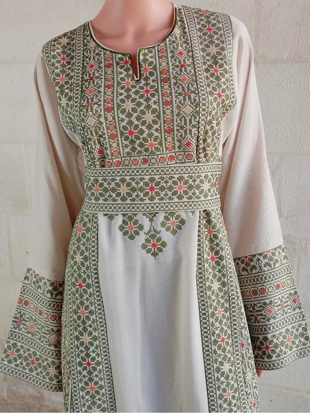 Cream Olive Green Palestinian Tatreez Amira Princess Thobe Maxi Dress Size L NWT